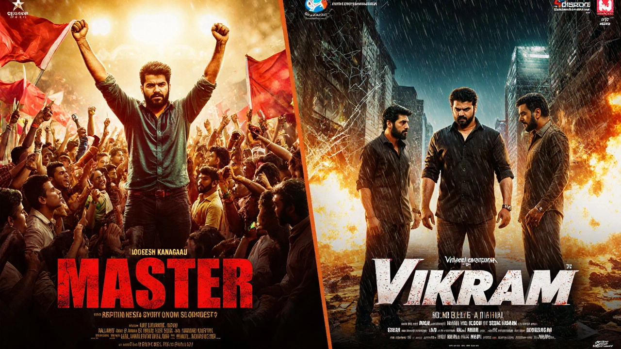 Action‑packed montage of Vijay in Master and the ensemble cast in Vikram with vivid lighting.