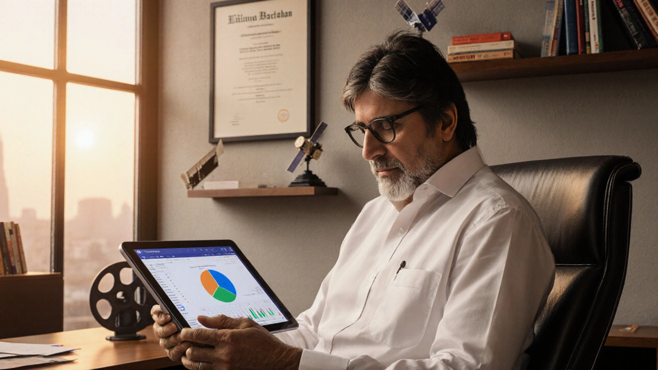 Amitabh Bachchan in a modern office with books, degree, tablet and tech symbols.