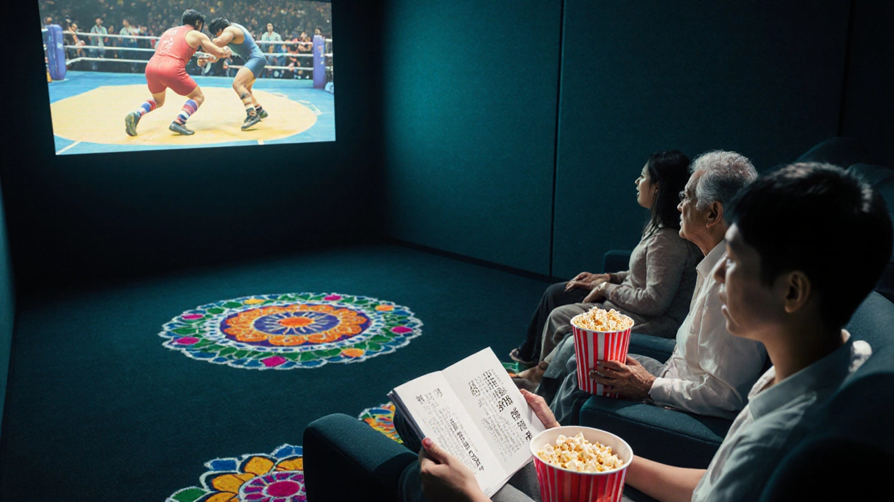 Chinese audience watching Dangal in a theater, illuminated by the movie screen.