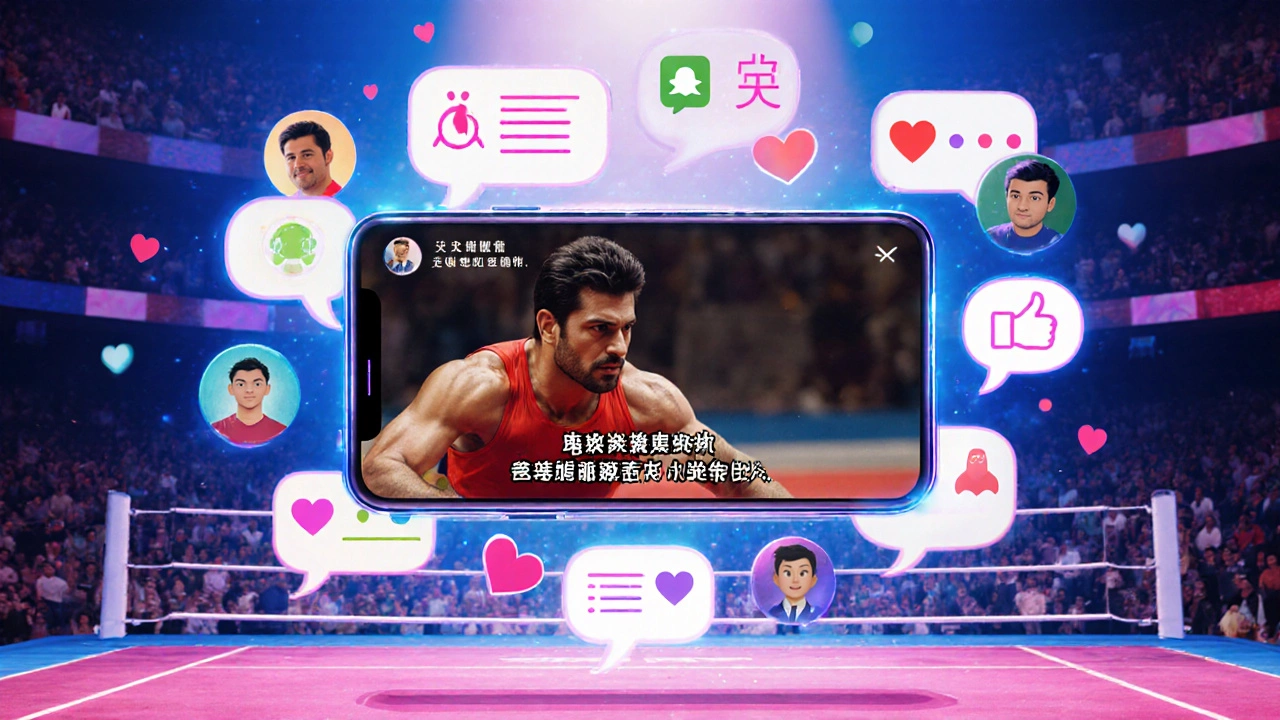 Chinese phone showing a Dangal wrestling clip with Mandarin subtitles and social media reactions.