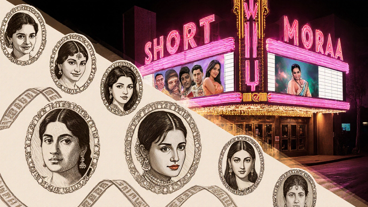 Collage of classic and modern short Indian actresses celebrating cinema history.