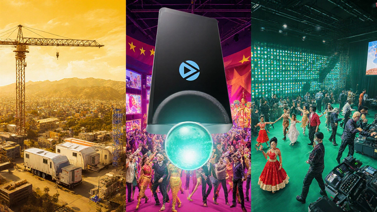 Collage of Hollywood, Bollywood, and Chinese film sets with a streaming icon hovering above.