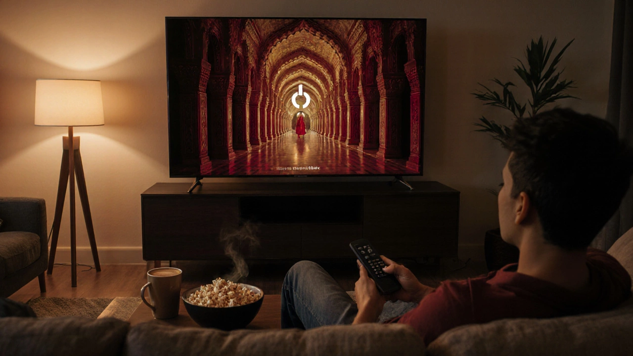 Cozy living room scene streaming a long Indian epic on a large TV with popcorn.