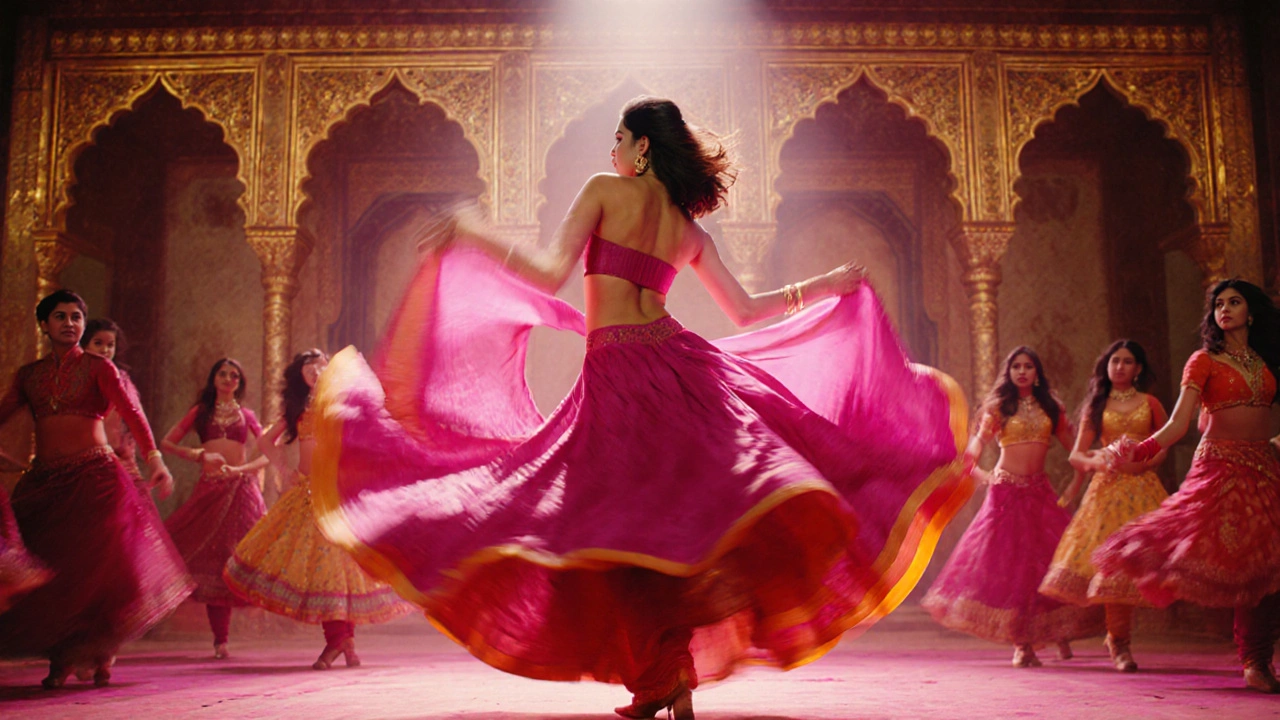 Deepika twirls in a bright lehenga during a vibrant Bollywood dance scene.