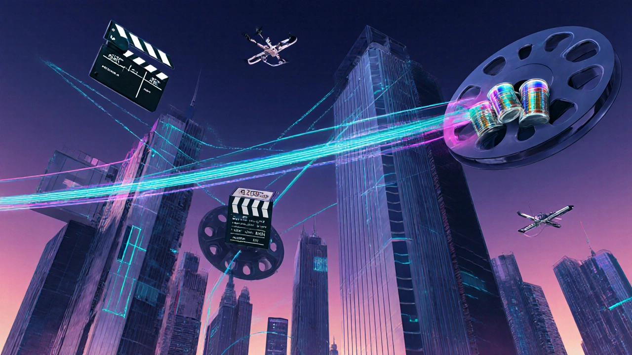 Futuristic cityscape of film‑shaped skyscrapers linked by neon streaming data ribbons.