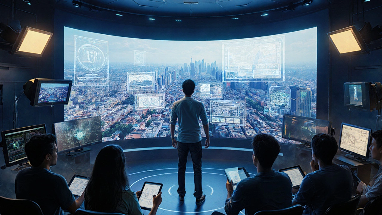 Futuristic studio showing Lokesh planning a Hindi thriller, VFX displays and mentoring young filmmakers.