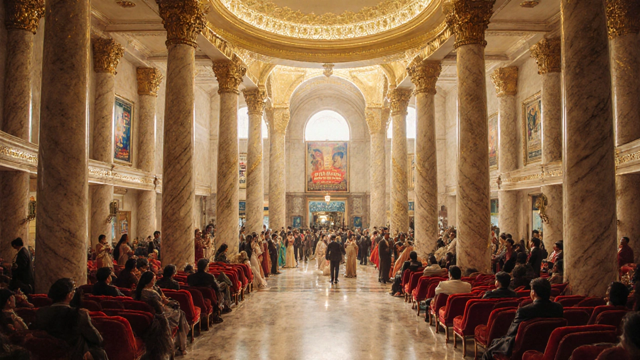 Grand interior lobby of Raj Mandir with marble columns, golden décor, and an awaiting audience.