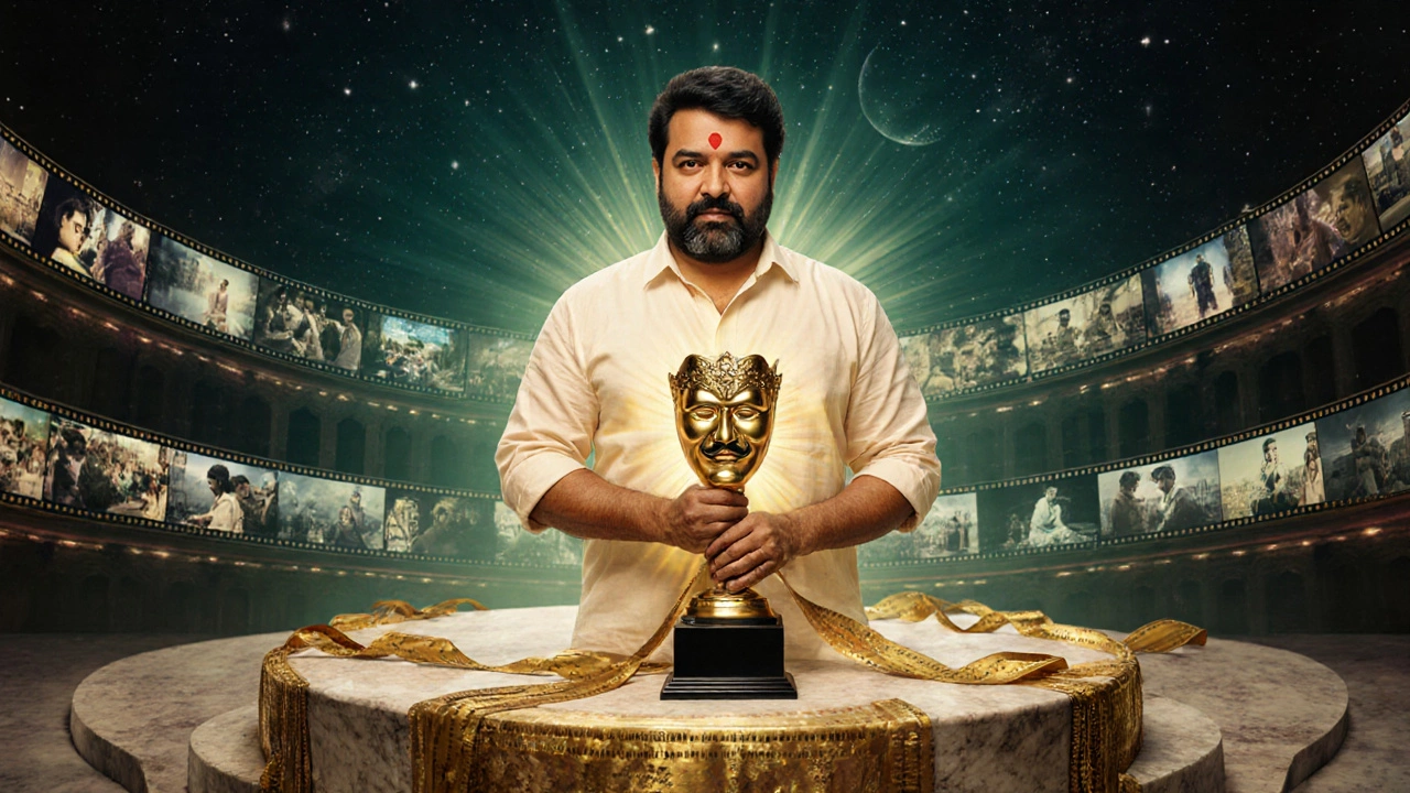 Heroic portrait of Mohanlal on a glowing podium with film‑reel ribbons.