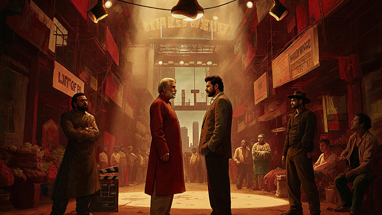 Irrfan Khan and Anil Kapoor on a film set blending Indian market and Hollywood studio elements.