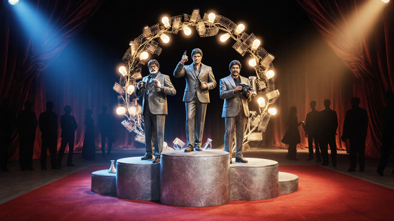 Podium with laurel wreath and statues of three actors holding symbolic items.