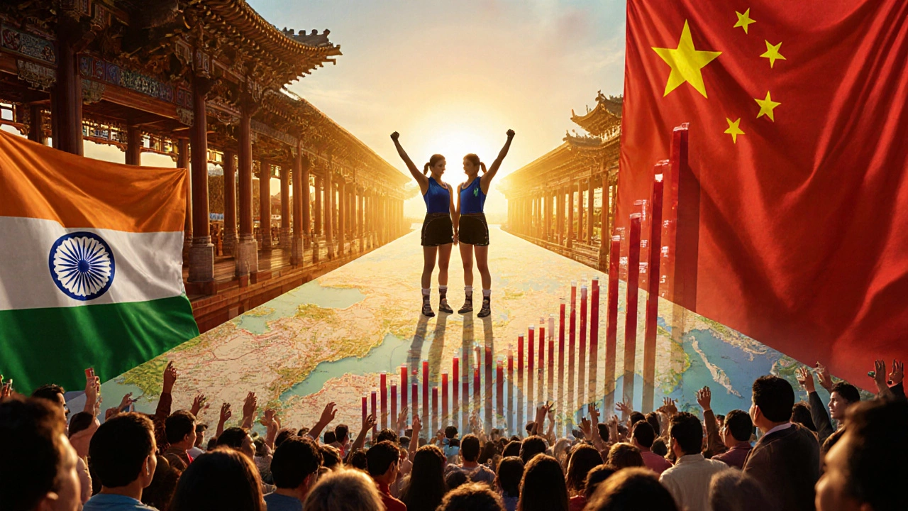 Poster merging Indian wrestling and Chinese martial arts with the Phogat sisters on a bridge.
