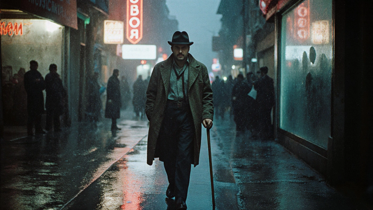 Raj Kapoor as the tramp character walking a rainy street, bowler hat and cane.