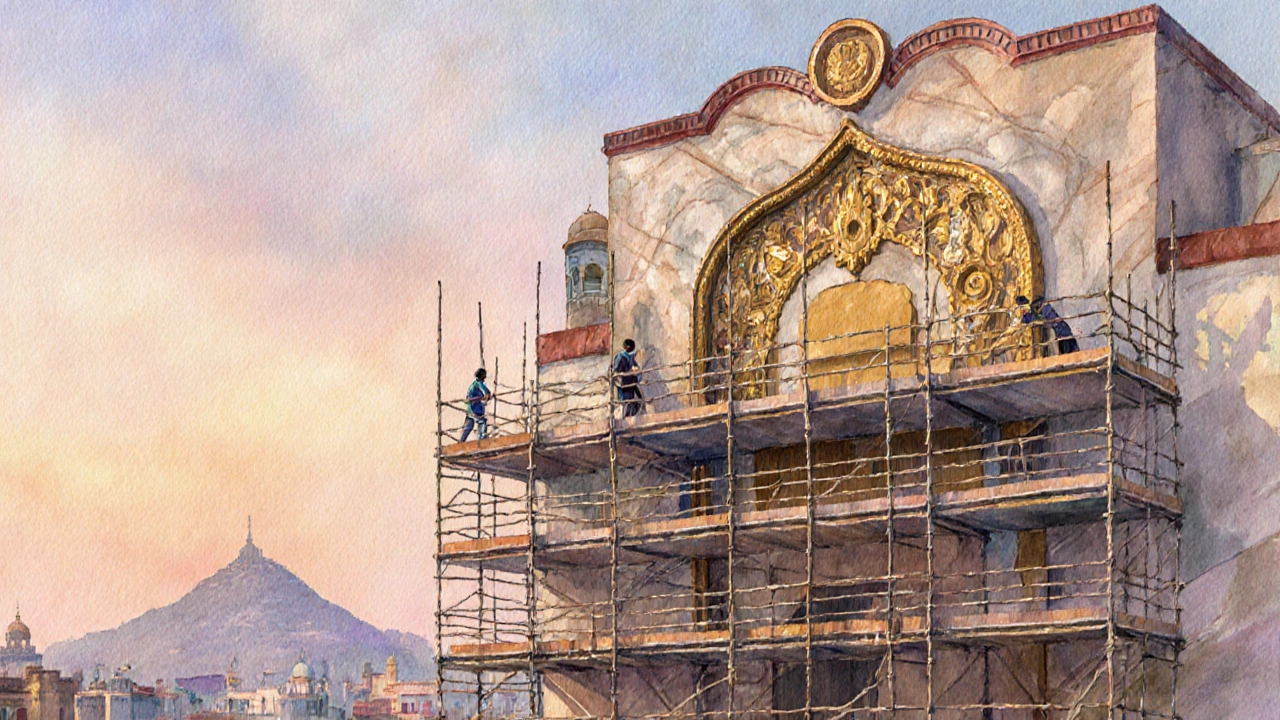 Restoration crew repairing the historic cinema&#039;s façade under morning light.