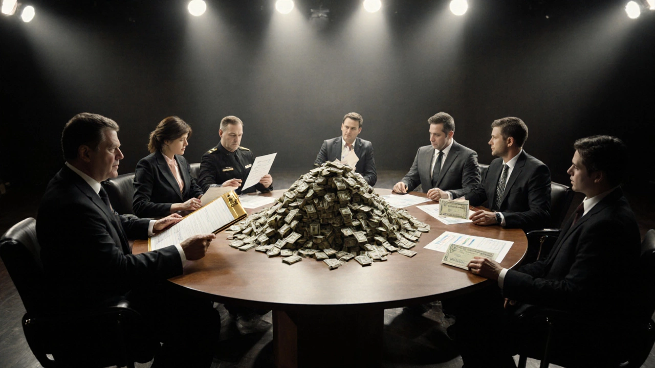 Scene of six figures around a money stack showing studio, distributor, exhibitor, talent, investors, and residuals.