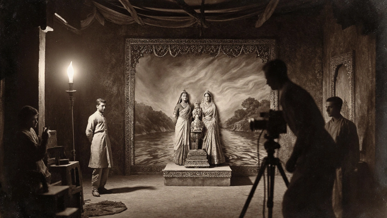 Sepia illustration of the "Raja Harishchandra" set with actors and early special effects.