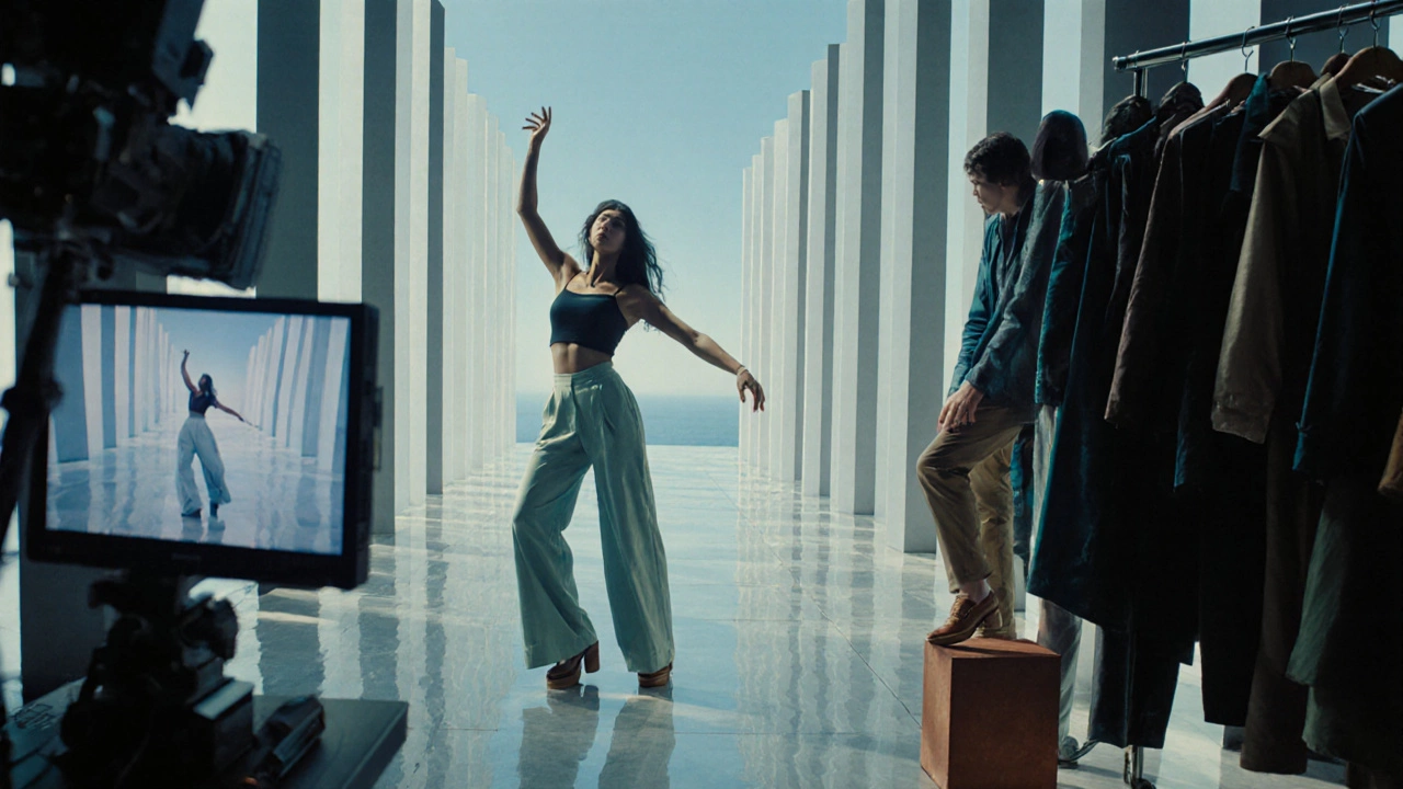 Short actress performing a dance on a set with elongated pillars and dramatic lighting.