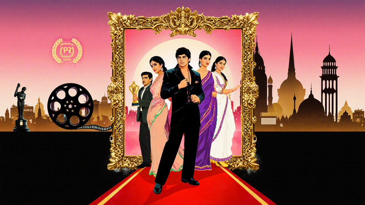 Silhouette of Raj Kapoor blended with modern Bollywood stars on a red‑carpet scene.