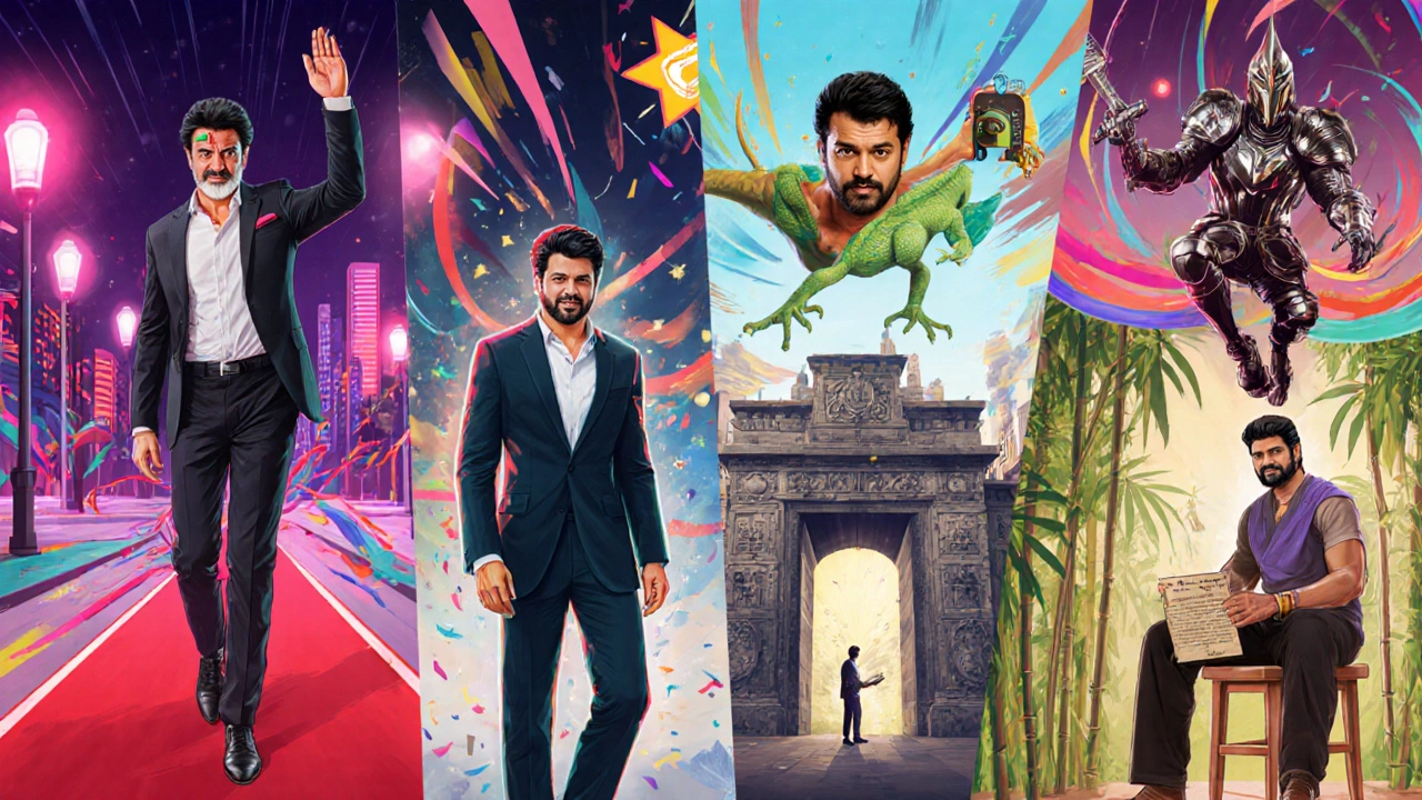 Six-panel illustration showing each actor in their signature pose and style.