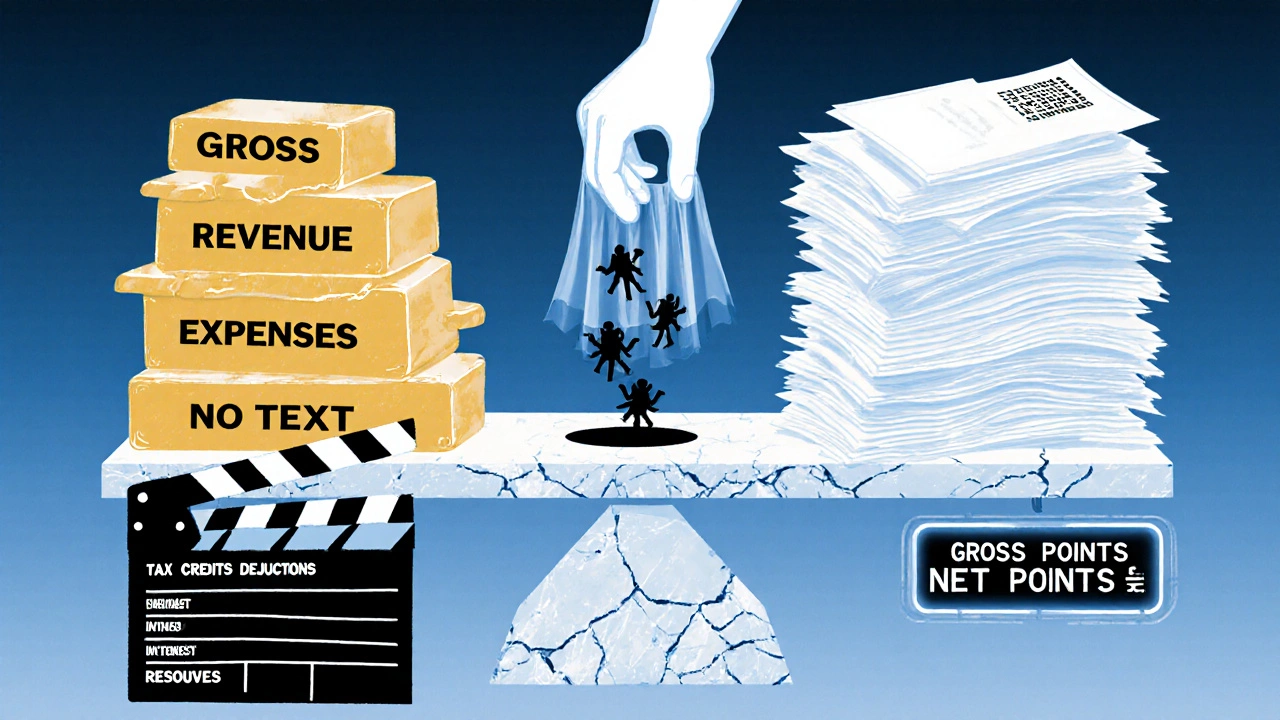 Surreal scale balancing gross revenue bars against expenses with hidden deductions disappearing into darkness.
