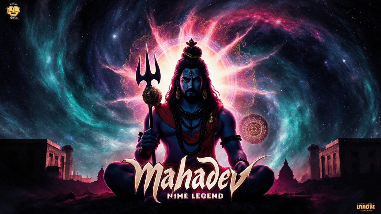 Vibrant poster illustration of Mahadev: The Legend with a divine silhouette and cosmic background.