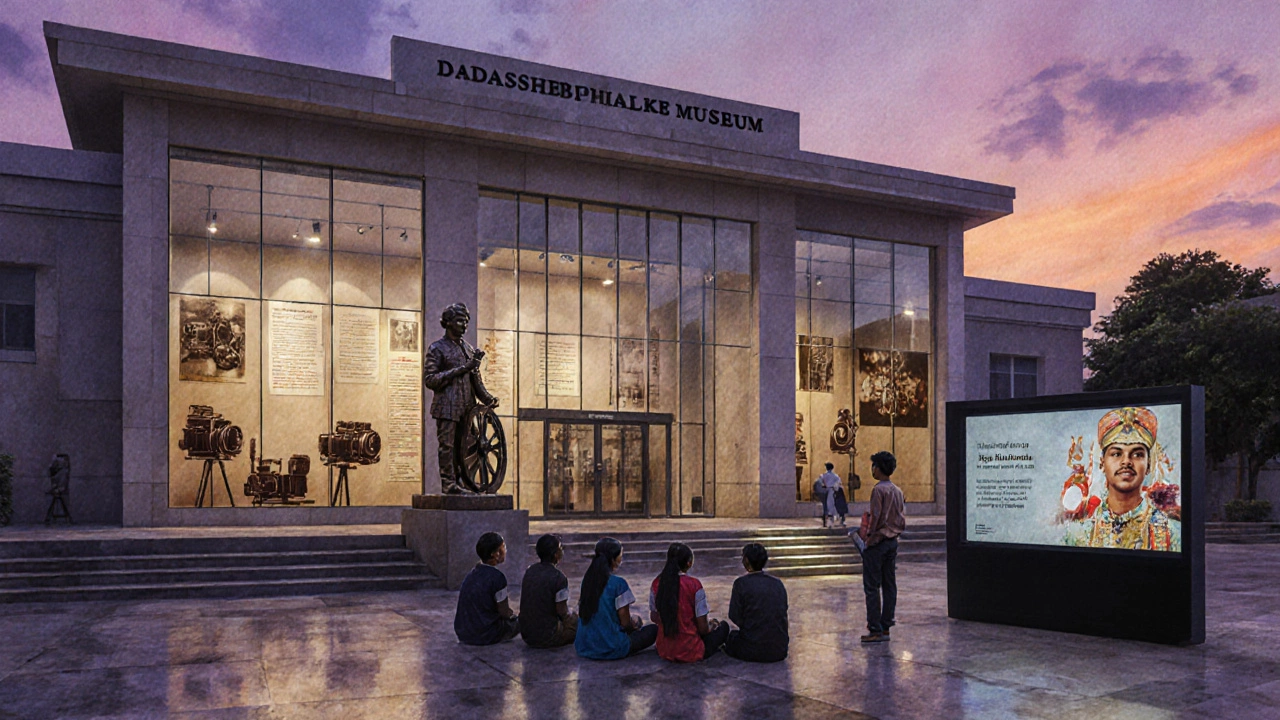 Watercolor of the Dadasaheb Phalke Museum at dusk with students watching restored film.